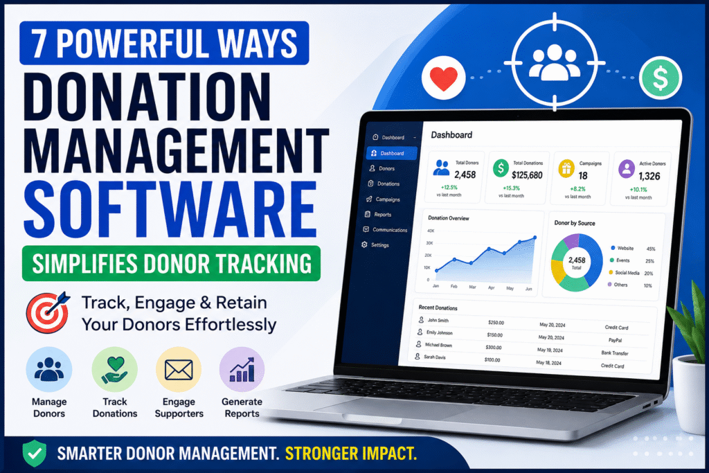 7 Powerful Ways Donation Management Software Simplifies Donor Tracking 5 Donation Management Software dashboard showing donor tracking, donation analytics, donor engagement, fundraising reports, and nonprofit management features.